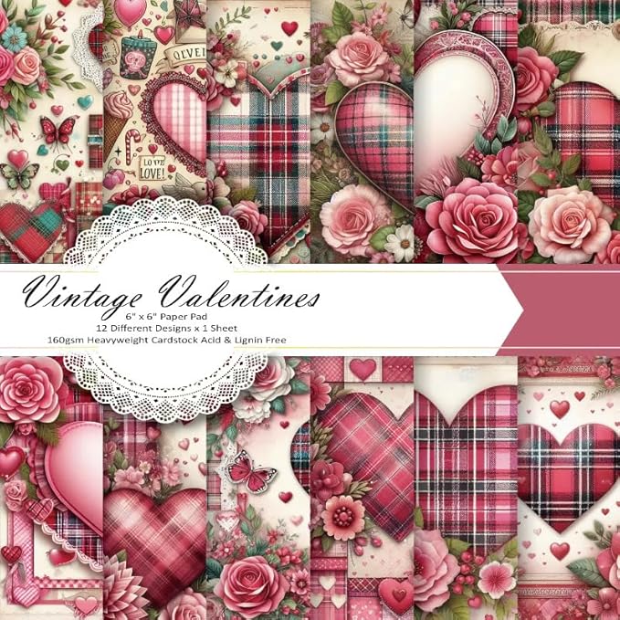 Vintage Valentine Scrapbook Paper Pad ,6"×6” Single-Sided Scrapbooking Decoupage Cardstock Origami Decorative Craft Paper for DIY Crafts, Card Making, Art Journaling, 24 Sheets 12 Designs