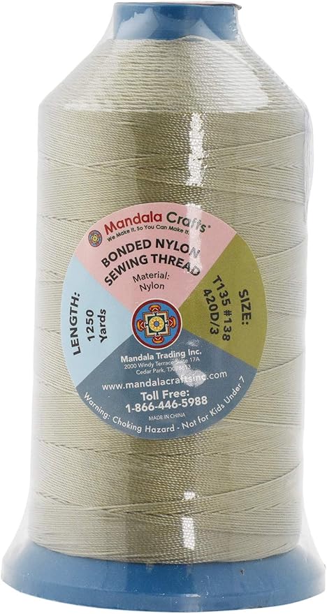 Mandala Crafts Size 138 420D T135 Bonded Nylon Thread - Beige 1250 YDs Tex 135 Heavy Duty Sewing Threads for Leather, Jeans, Weaving, Outdoor Marine Upholstery
