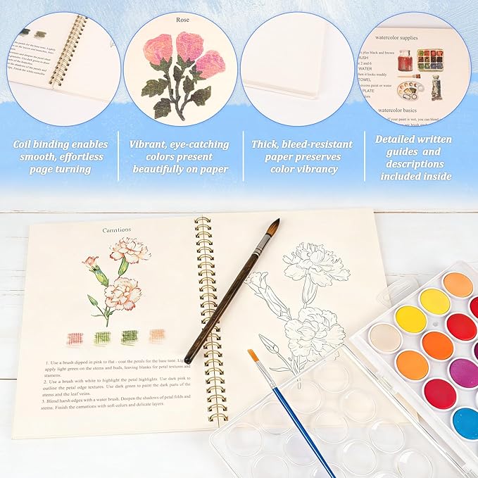 Watercolor Workbooks ，24 Colors Water Books Paint Set，Watercolor Coloring Book for Beginners Art Crafts Painting Kit Nature Scenes Paint Set for Creative Exploration Gift for Adults Teens (Flowers)