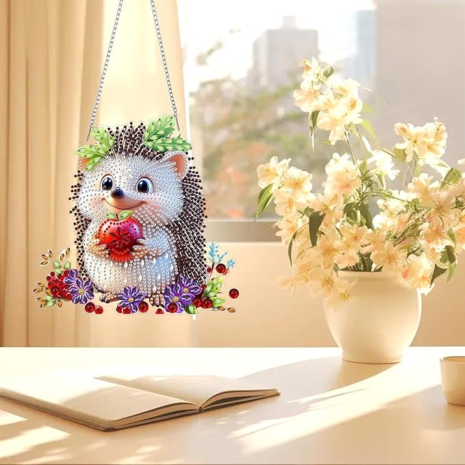 AIRDEA Hedgehog Hanging Diamond Painting Kits,Special Shaped Diamond Art Kits for Beginner Cute Animals,Gem Art Pendant Decor 7.87x7.59in