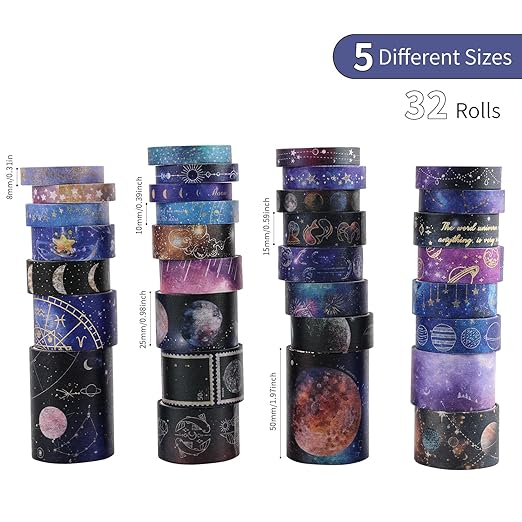 32 Rolls Washi Tape Set, Gold Foil Galaxy Decorative Masking Tape Constellation, Stars, Celestial, Adhesive Tape for Bullet Journal, Diy Craft, Scrapbooking Supplies, Gift Wrapping, Party Decoration