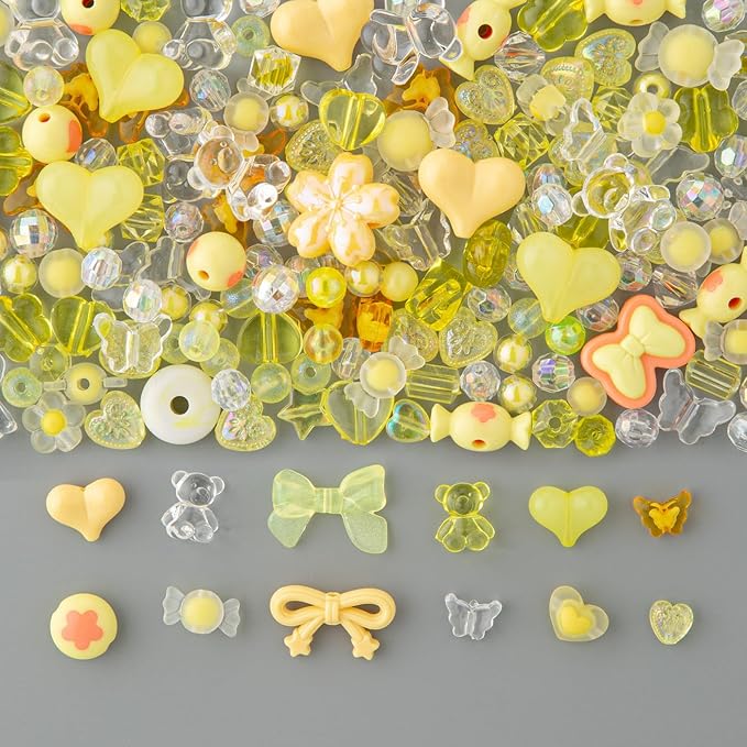 LAIDANLA Acrylic Yellow Beads for Bracelets Yellow Cute Beads for Jewelry Making DIY Necklace Keychain Assorted Random Mixed Aesthetic Phone Bead Charms 160g