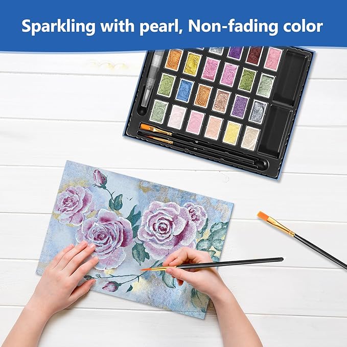 3ml Glitter Watercolor Paint Set with Paper, 24 Colors Shimmer Metallic Watercolour Painting Sets, Solid Pearl Water Color Paints for Adult, Rococo Style (Rococo 24Colors-L)