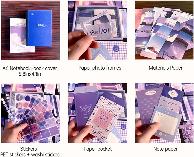 LCLAIDYDY 348 PCS Aesthetic Scrapbook Kit with A6 Grid Notebook, Bullet Junk Journals, DIY Gift Journaling Kit for Teen Girl Women (Moonlight)