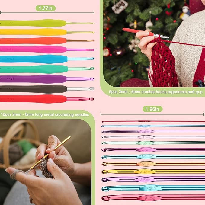 Katech 85 pcs Crochet Hooks Kit Knitting Accessories with Crochet Case, Small Sizes Crochet Hooks for Knitting Lace Yarn, Colorful Ergonomic Crochet Needles Set for Making Sweater, Bag and Hat (Green)