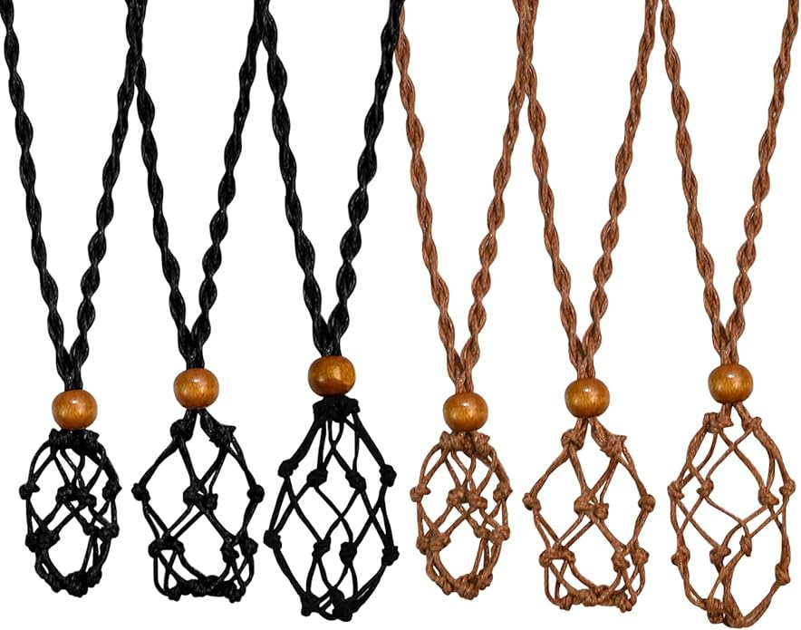 6 Pieces D20 Adjustable Necklace Cord Empty Stone Holder, Hand-Braided Crystal Holder for DIY Jewelry Making, Fits Natural Stones Quartz Beads Pendants, Wax Rope with Adjustable Knot
