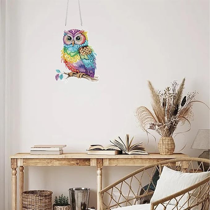 TDFERAN Diamond Painting Pendant DIY Colorful Owl Diamond Art Hanging Artwork Decoration Kit Garden Window Handmade Hanging Ornaments, Adult Painting Craft Gem Pendant Wall Home Decor