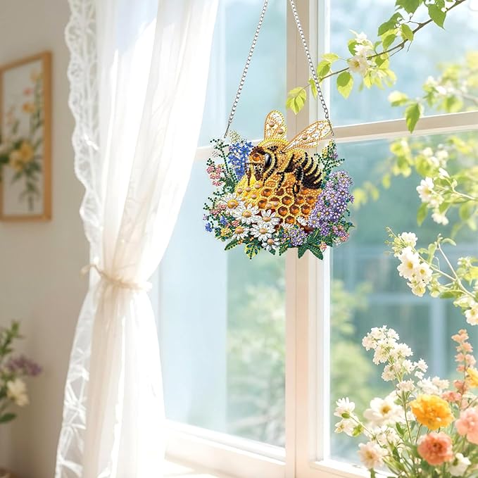 Lxmsja DIY Elegant Bee Diamond Painting Hanging Ornament, Double-Sided Acrylic Honeycomb Diamond Art Kit, Special Shaped Suncatcher Hanging Pendant Window Art Kit