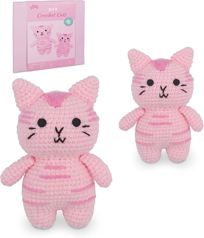 HOUSE CREATIVITY Cat Crochet Kit for Beginners – Make a Variety of Adorable Kittens, Amigurumi Crochet Starter Kit with Yarn, Eyes & Step-by-Step Video Tutorial, DIY Craft for Cat Lovers
