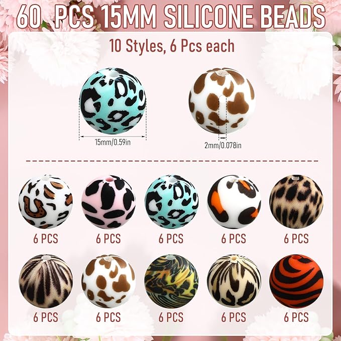 Ferreve 60 Pcs 15mm Silicone Beads Bulk Leopard Print Round Focal Beads Rubber DIY Silicone Loose Bead for Bracelet Making Kit for Keychain Pens Necklace Bracelets Jewelry Making