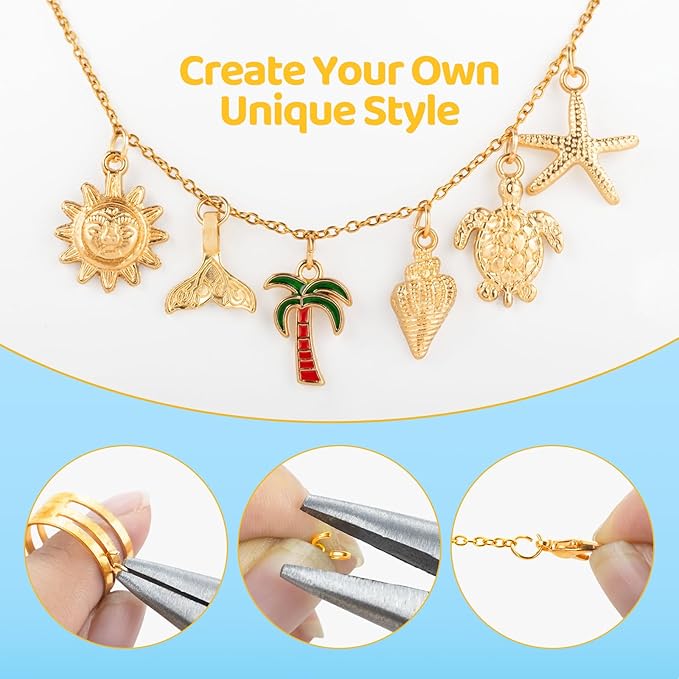 Zefy 18K Gold Silver Chain for Jewelry Making Kit, 39.6ft 12 Rolls Stainless Steel Chains Bulk with 380 Pcs Charms, Jump Rings Lobster Clasps Set for DIY Bracelet Necklace Crafts