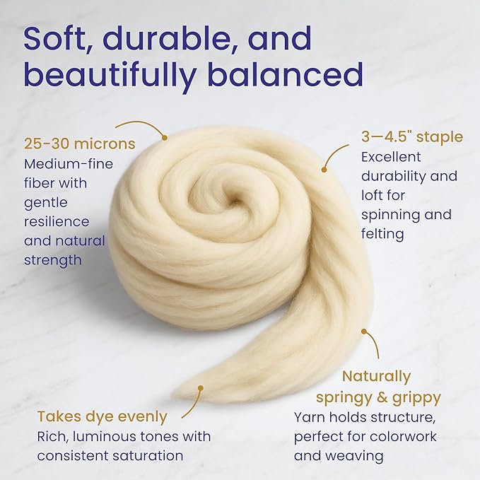 Revolution Fibers Corriedale Wool Roving 1 lb (16 Ounces) for Spinning | Soft Chunky Jumbo Yarn for Arm Knitting Blanket |100% Natural Undyed (Off-White) Wool Yarn Bulk, Felting Core, Carded Stuffing