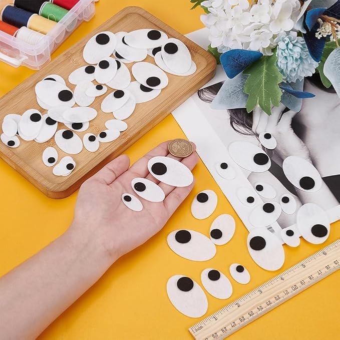 FINGERINSPIRE 90 Pairs Oval Safety Eyes 3 Size Black White Felt Eye Patches Felt Craft Eyeballs Sew on Eyes for Stuffed Animal, Halloween Eye Applique for Amigurumi Puppet Teddy Bear Crochet Plush DIY