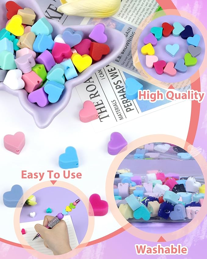 80PCS FIVEIZERO Focal Beads,Love Heart Bead,Heart-Shaped Valentine's Day Silicone Beads for Keychain, Pens and Bracelets Making, Silicone Focal Bead for DIY Crafting