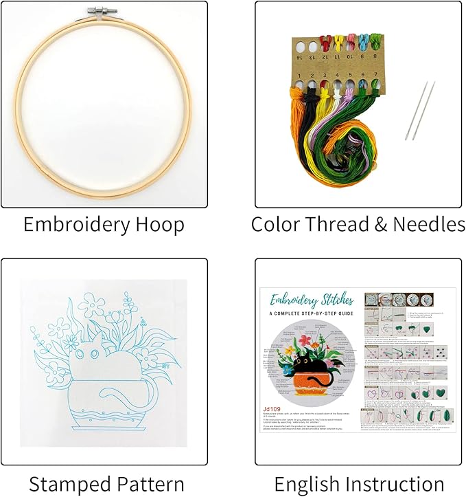 Louise Maelys Embroidery kit with Cat Plant Stamped for Starters, Cross Stitch Kits for Beginners Adults, Include Embroidery Cloth, Hoop,Needles,Instruction and Threads