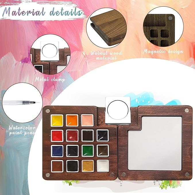 Mini Paint Palette Travel Kit - Mini Travel Watercolor Palette Set, Pocket Artist Water Color Travel Set with Colours, Watercolor Book, Binder Clips, Pens,Wooden Paint Box for Painters Artists Student