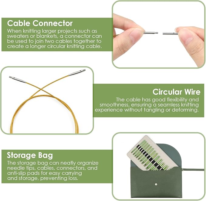 Interchangeable Circular Knitting Needles Set Premium Aluminum Knitting Kit 13 Pairs of 4 Inch with 4 Cables, Accessories and Storage Bag Green