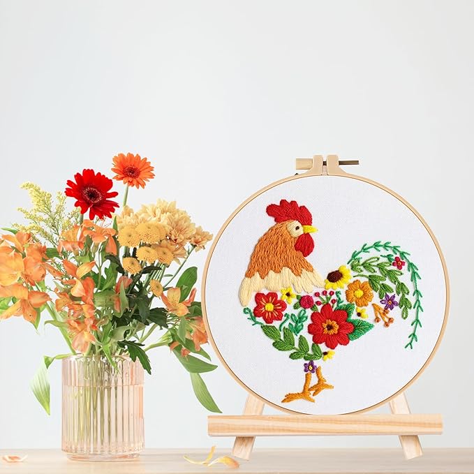louise maelys funny animal embroidery kits for beginners,cross stitch kit for adults,diy needlepoint with rooster and flower pattern