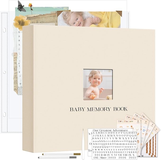 Vienrose Linen Scrapbook Photo Album Kit, Large 3 Ring Binder Scrapbook with 30 Plastic Sleeves, 15x13 Inch DIY Memory Book for Wedding, Baby Shower, Family & Kids Keepsake Gift, Beige