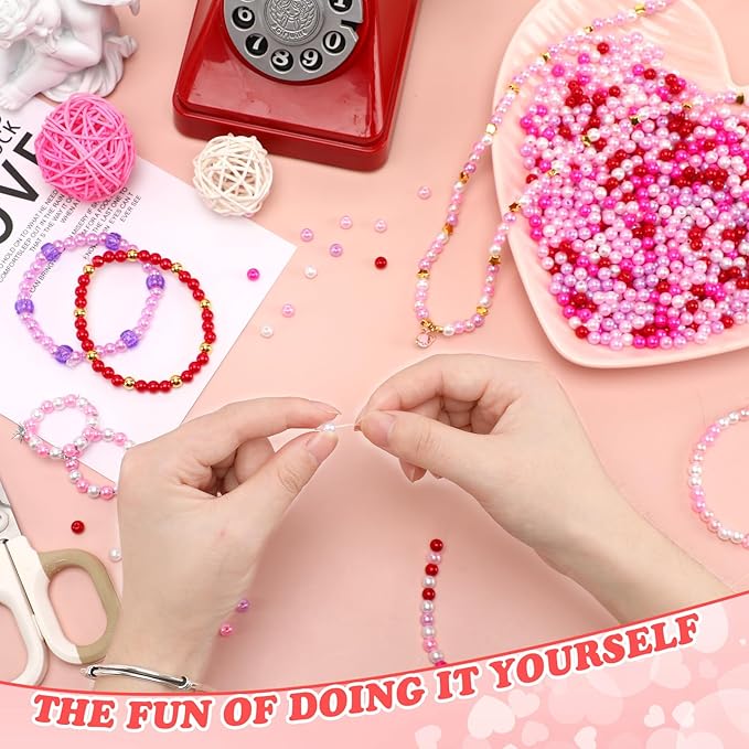 UPINS 1200Pcs Valentines Day Pearl Beads,Red Pink White Beads for Jewelry Making Bracelets 6mm Wedding Party Decoration Necklace Earrings Hair Beads DIY Crafts Supplies