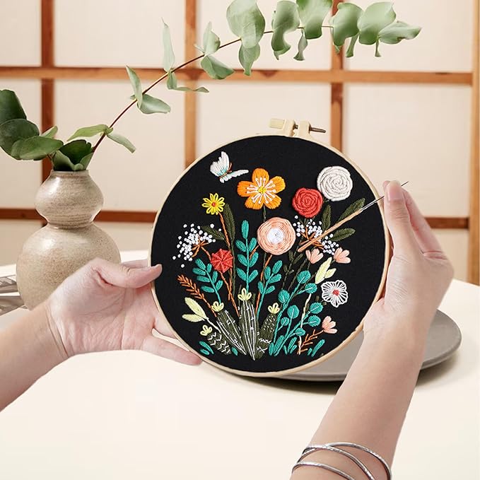 Ohcol Embroidery Kit for Beginners, 4 Floral Patterns, Learn 33 Stitches, Pre-Printed Fabric, Hoop, Colored Threads and Needles, Easy Video Guide, DIY Hand Sewing Gift for Adults and Teens