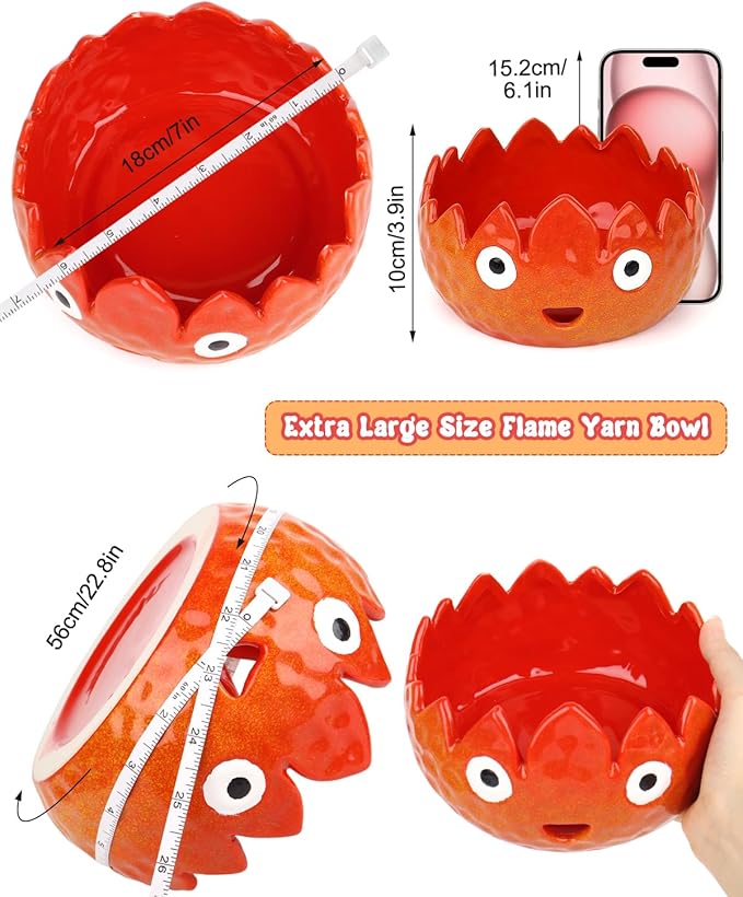 Coopay Flame Yarn Bowl for Crocheting/Knitting, Cute Yarn Storage Bowl with 7PCS Yarn, Large Size Ceramic Yarn Bowl Crochet Knitting Bowl for Beginners, Great Knitting Crochet Gift (7in)