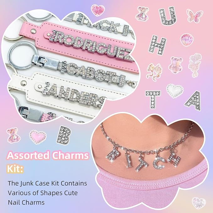 Junk Case Charms Kit, 52 Pcs A-Z Alphabet Letters Junk Case Kit, Pink Assorted Slime Charms Bulk Letter Charms for DIY Necklace Bracelets Jewelry Making Scrapbooking Crafts