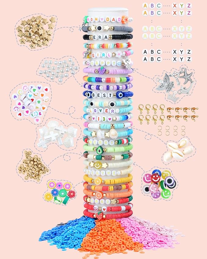 BestNow Clay Beads Bracelet Making Kit for Beginner 5000 Pcs Preppy Polymer Clay Beads with 3 types Letter beads Charms Kit for Jewelry Making DIY Arts and Crafts Birthday Gifts Toys for Kids Age 6-13