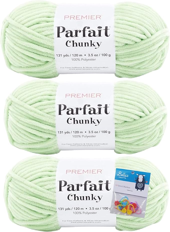 Premier Yarns Parfait Chunky Chenille Yarn 3.5 Oz Super Bulky Weight 3 Pack Bundle with Bella's Stitch Place Holders (Key Lime)