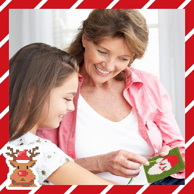 Pllieay Christmas 10-in-1 Cross Stitch Beginner Kit for Kids, Includes Instruction of 10 Different Patterns, 10 Printed Plastic canvases for Needlework, Needlepoint Starter Sewing Set