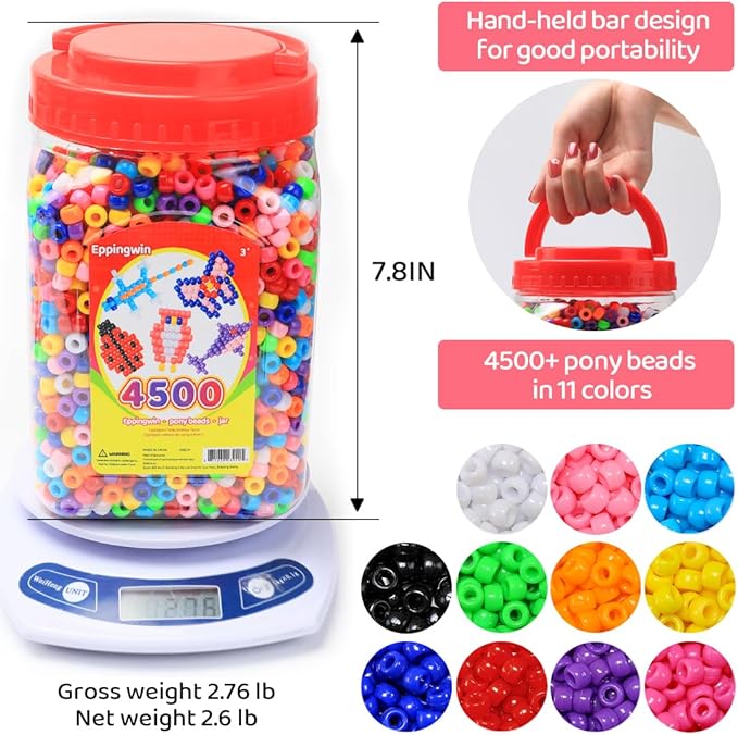 eppingwin 4500pcs wholesale large pony beads (6x9 mm) bucket, easy storage kandi bead bulk, beads for jewelry making crafts (multi-colored,2 pack)