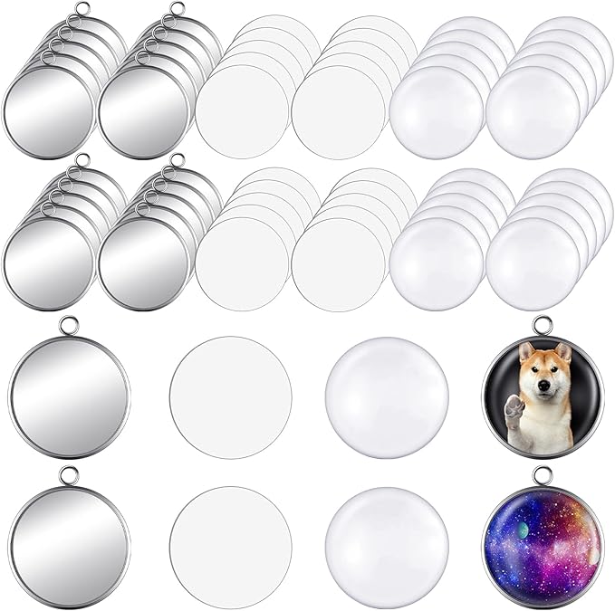 60 Sublimation Pendant Tray for Jewelry Making Include 20 Round Blank Pendant Base 20 Flatback Clear Glass Dome 20 Aluminum Sheet Sublimation Blanks Jewelry for DIY (25 mm)