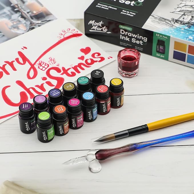 Mont Marte Drawing Ink Colors Signature 24pc x 0.24 US fl.oz (7ml), Art Set Includes Vibrant Ink Colors, for Illustration, Calligraphy, Scrapbooking.