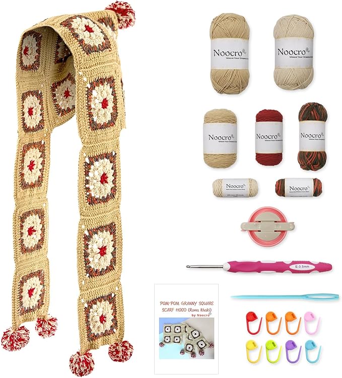 Noocro Complete Crochet Kit for Pom-Pom Granny Square Scarf Hood, DIY Yarn Kit, Detailed Instructions, Step by Step Video Tutorial, Beginner-Friendly, Intermediate Crocheter Craft Set (Roma Khaki)