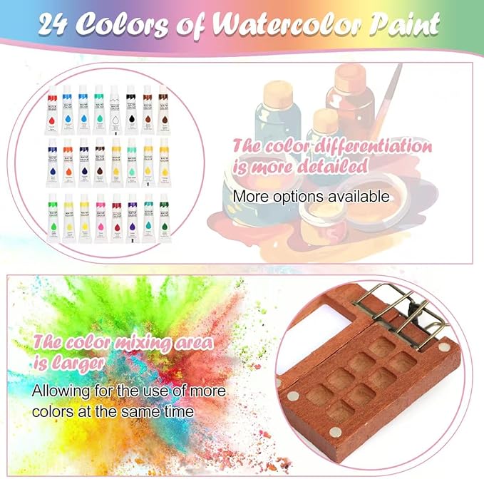 24 Colors Travel Watercolor Set，Mini Paint Palette Travel kit，Mini Water Color Paint Set，Wooden 8 Grid Paint Box,Small Watercolor Sketchbook for Artists Painters Students (8+24-Pink)