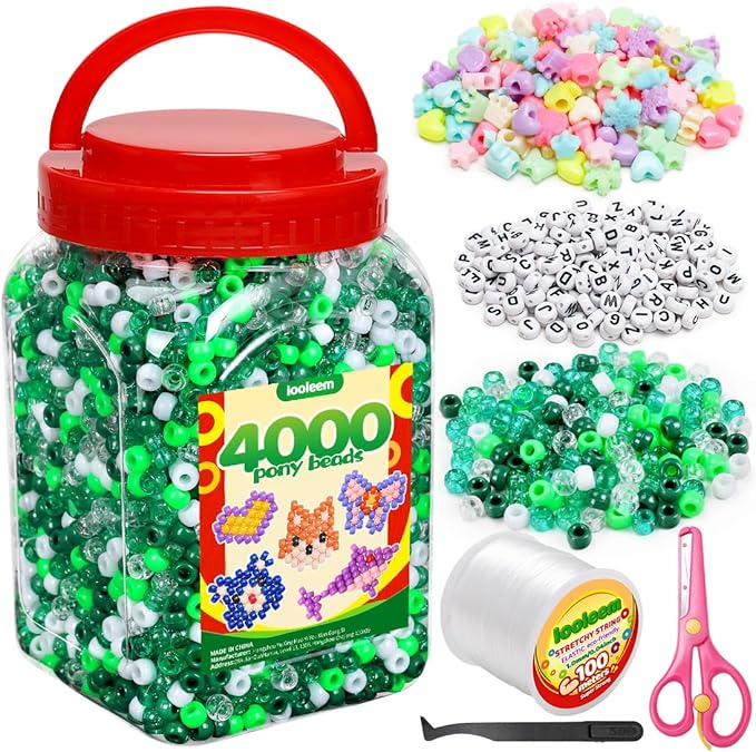iooleem green solid & glitter bulk pony beads - 4000pc kit for friendship bracelets & jewelry making, easy storage