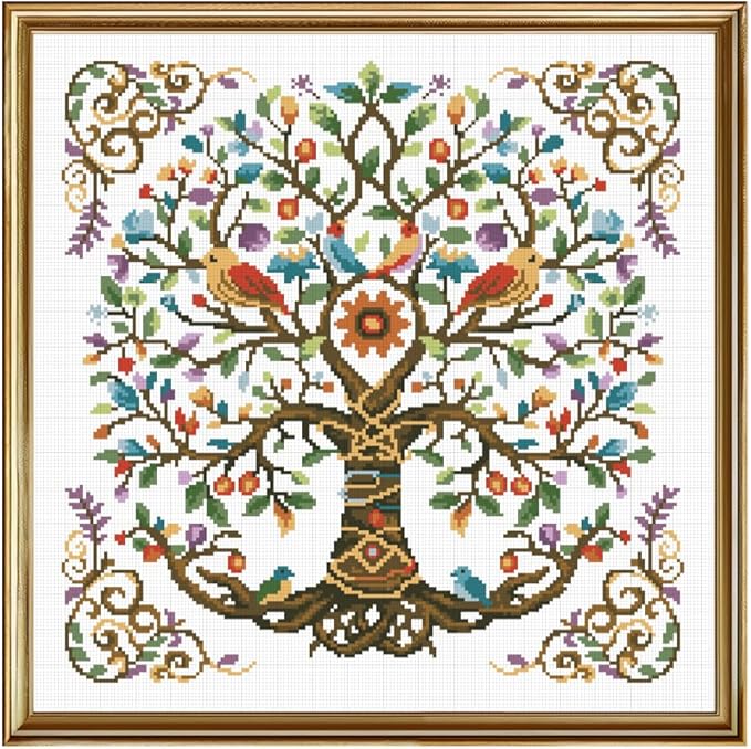FREEBLOSS 11CT Tree of Life Printed Cross Stitch Kits Stamped Embroidery Kits with Instruction Wall Hanging Kit for Needlepoint Adults Wall Art Decoration 18x18in/45x45cm