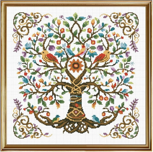 FREEBLOSS 11CT Tree of Life Printed Cross Stitch Kits Stamped Embroidery Kits with Instruction Wall Hanging Kit for Needlepoint Adults Wall Art Decoration 18x18in/45x45cm