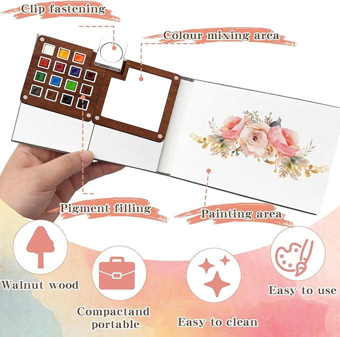 Mini Watercolor Paint Set - Mini Travel Watercolor Palette Set, Pocket Water Color Paint Palette Kit with 18 Colours, Sketchbook, Pens, Wooden Paints Box for Painters Artists
