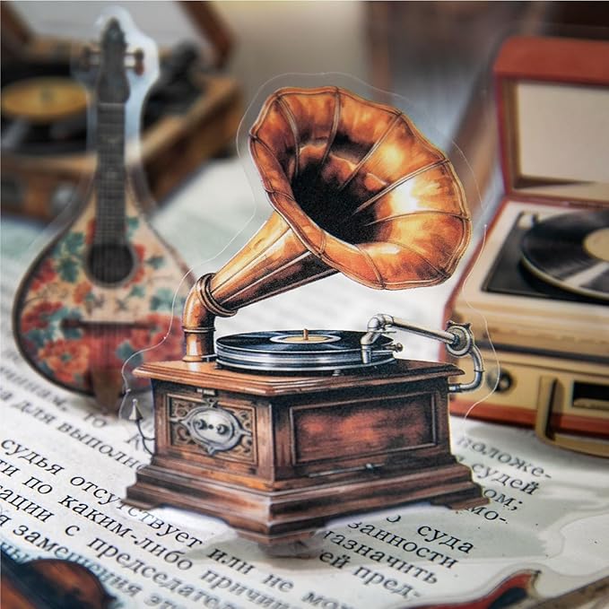 Doukado 120 Pieces Vintage Decorative Journaling PET Stickers, Phonograph Car Musical Instruments Furniture Scrapbook Sticker for DIY Crafts, Junk Journal, Crafting, Art Projects and Decoration