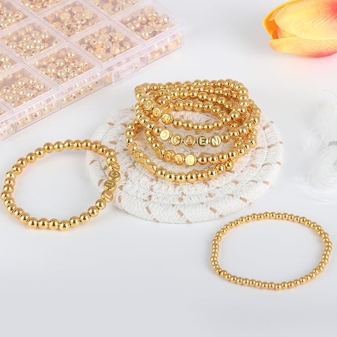 Hpebl 2240PCS Smooth Round Gold Beads for Bracelet Making Kits 4MM/6MM Jewelry Making Supplies Gold Letter Beads for Jewelry Making Kit with 2PCS Crystal String 1PCS Scissors