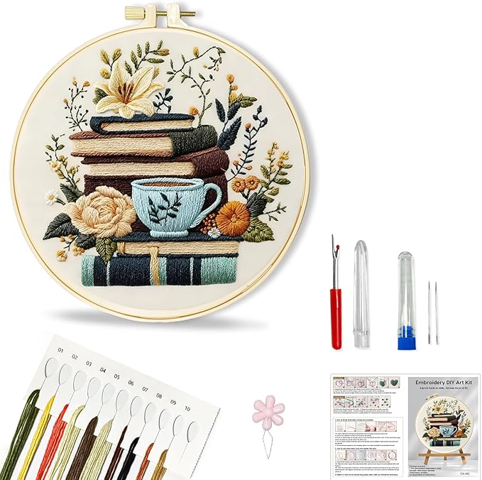 Huacan Flowers Embroidery Kit for Beginners Stamped Books and Flowers Pattern Cross Stitch Kit with Instructions