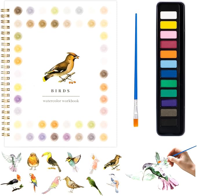 Metyond Watercolor Workbook - Watercolor Coloring Book with 1 Workbook 12 Colors Paint Set with Brush, Beginner Friendly Watercolor Workbooks Set Gift for Adults Teens (Birds)