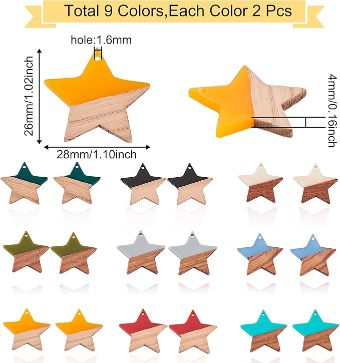 Beadthoven 18pcs/9 Pairs Natural Wood Resin Charms Small Star DIY Earrings Pendants Mixed Colors Wooden Pieces Pendants for Statement Jewelry Making Findings