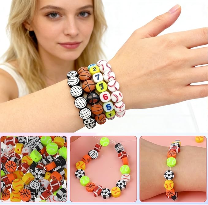 1000PCS Polymer Clay Beads for Bracelet Making, 24 Style Sports Charms incl. Baseball Basketball Soccer Football Rugby Volleyball, DIY Jewelry Making Supplies Kit