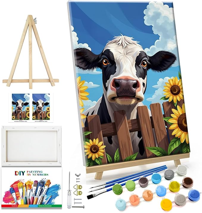 JOOZ Cow Paint by Numbers Kit for Adults with Frame Sunflower Paint by Number with Easel Adult Paint by Number Kits Framed Canvas Oil Painting Kits for Home Wall Decor 8x12 Inch