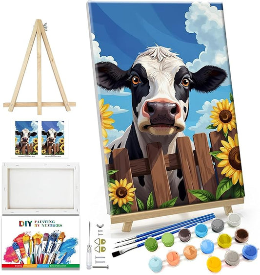 JOOZ Cow Paint by Numbers Kit for Adults with Frame Sunflower Paint by Number with Easel Adult Paint by Number Kits Framed Canvas Oil Painting Kits for Home Wall Decor 8x12 Inch