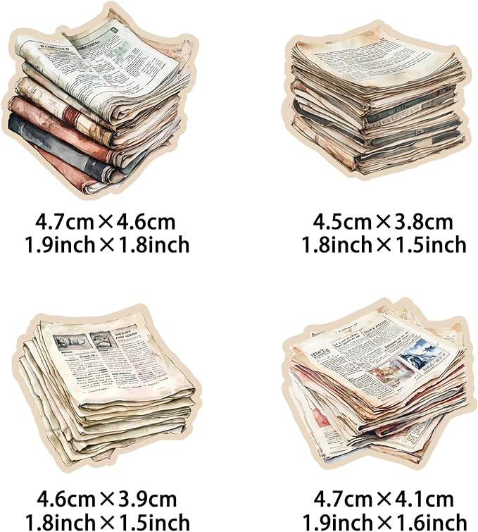 100Pcs Vintage Newspaper Stickers - Vinyl Retro Aged Decals for Journaling, Scrapbooking, Laptop | Authentic Old News/Coffee Stain Designs | Gift for Retro Lovers, Handicrafters