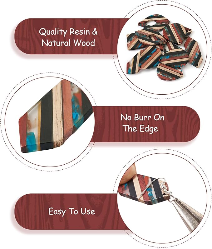 Beadthoven 52pcs Boho Wood Women Earring Making Kit, Striped Resin Earrings Charms Pendants Natural Wood Cutouts Pieces Wooden Earring Blanks with Earrings Hooks for DIY Jewelry Making Crafts