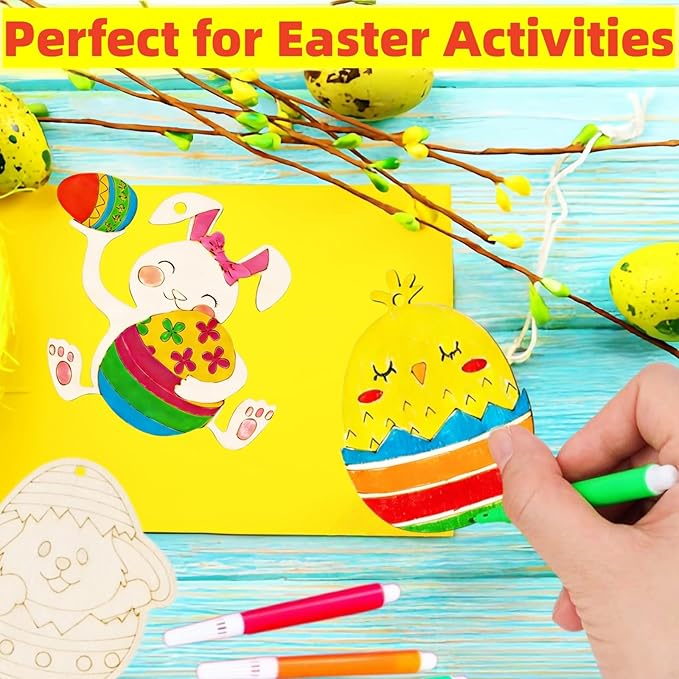 Yodeeni 40Pcs Easter Crafts for Kids, Unfinished Wooden Ornaments DIY Crafts Painting Kit for Kids Ages 4-8 8-12 Easter Activities Party Favors Supplies Hanging Decorations Gifts Basket Stuffers